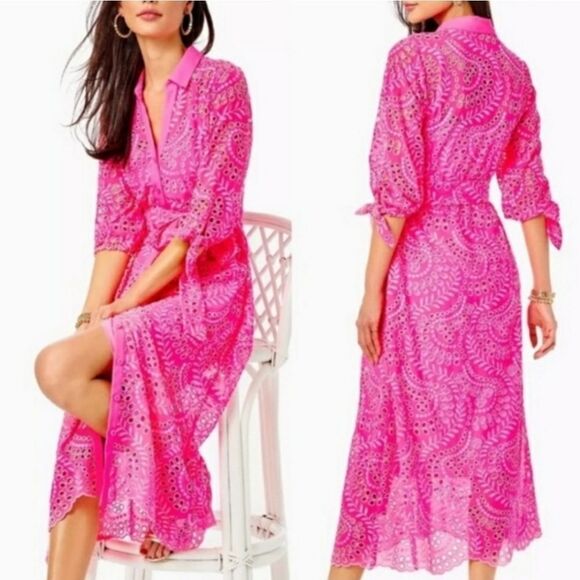 🩵NWT Lilly Pulitzer Pink Isle Amrita Swirly Fern Scalloped Eyelet Dress Size 2 - Picture 1 of 15